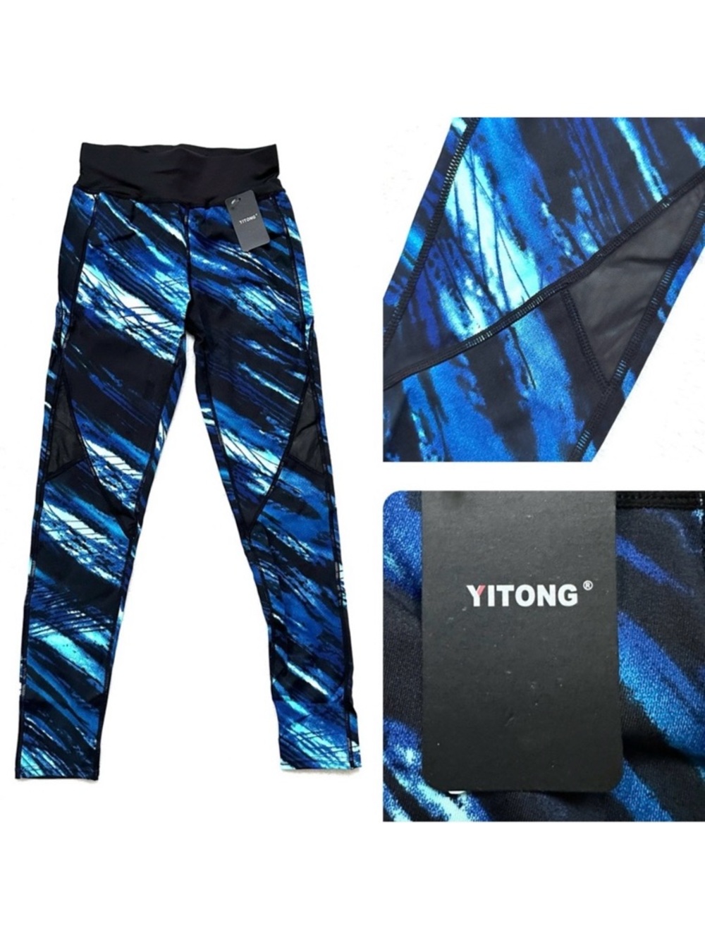 YITONG Blue Black Mesh Active Leggings High Waist Moisture Wicking S/M NWT
